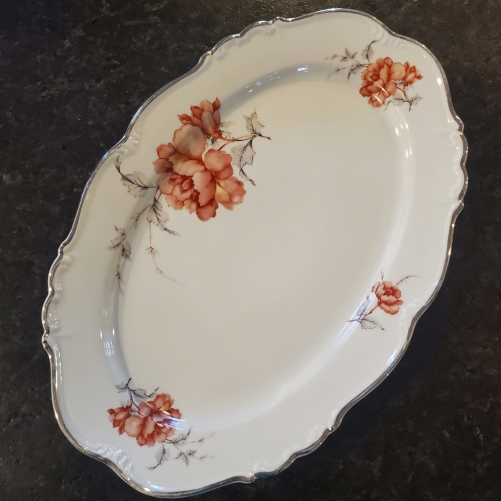 Vintage Edelstein Bavaria Carmen 15" oval china platter pink & grey floral